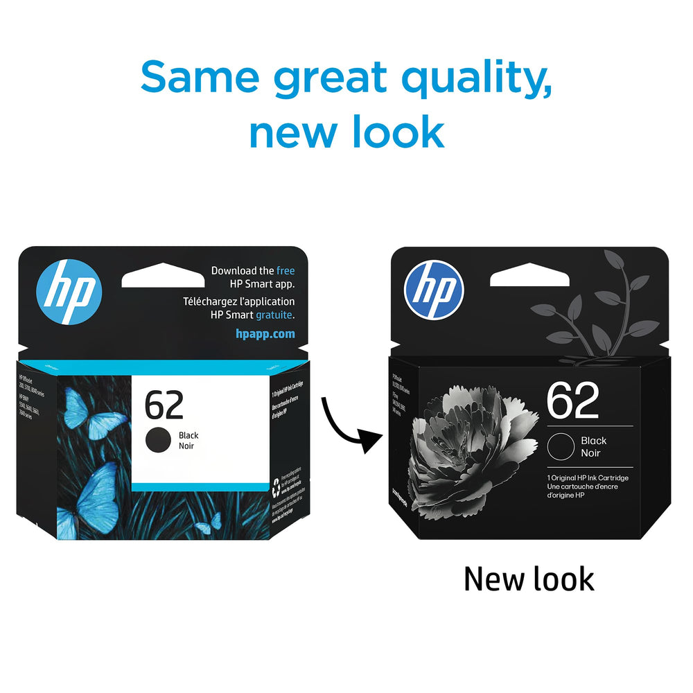 HP 62 black cartridge top label with model C2P04AN for quick identification
