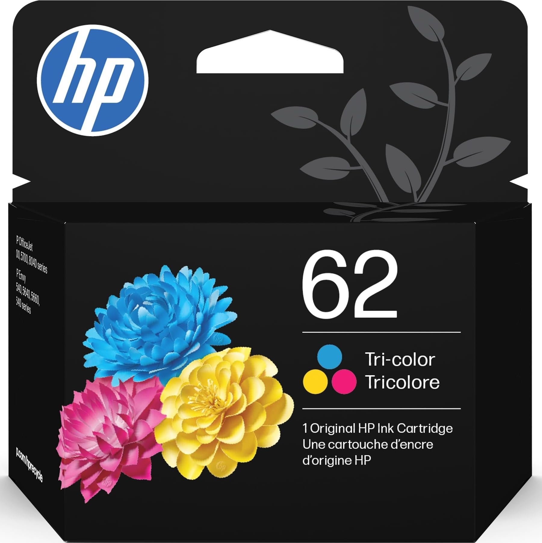 HP 62 tri-color front packaging showing cartridge and vibrant color benefit