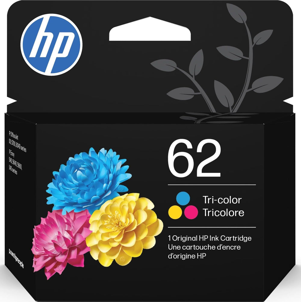 HP 62 tri-color front packaging showing cartridge and vibrant color benefit