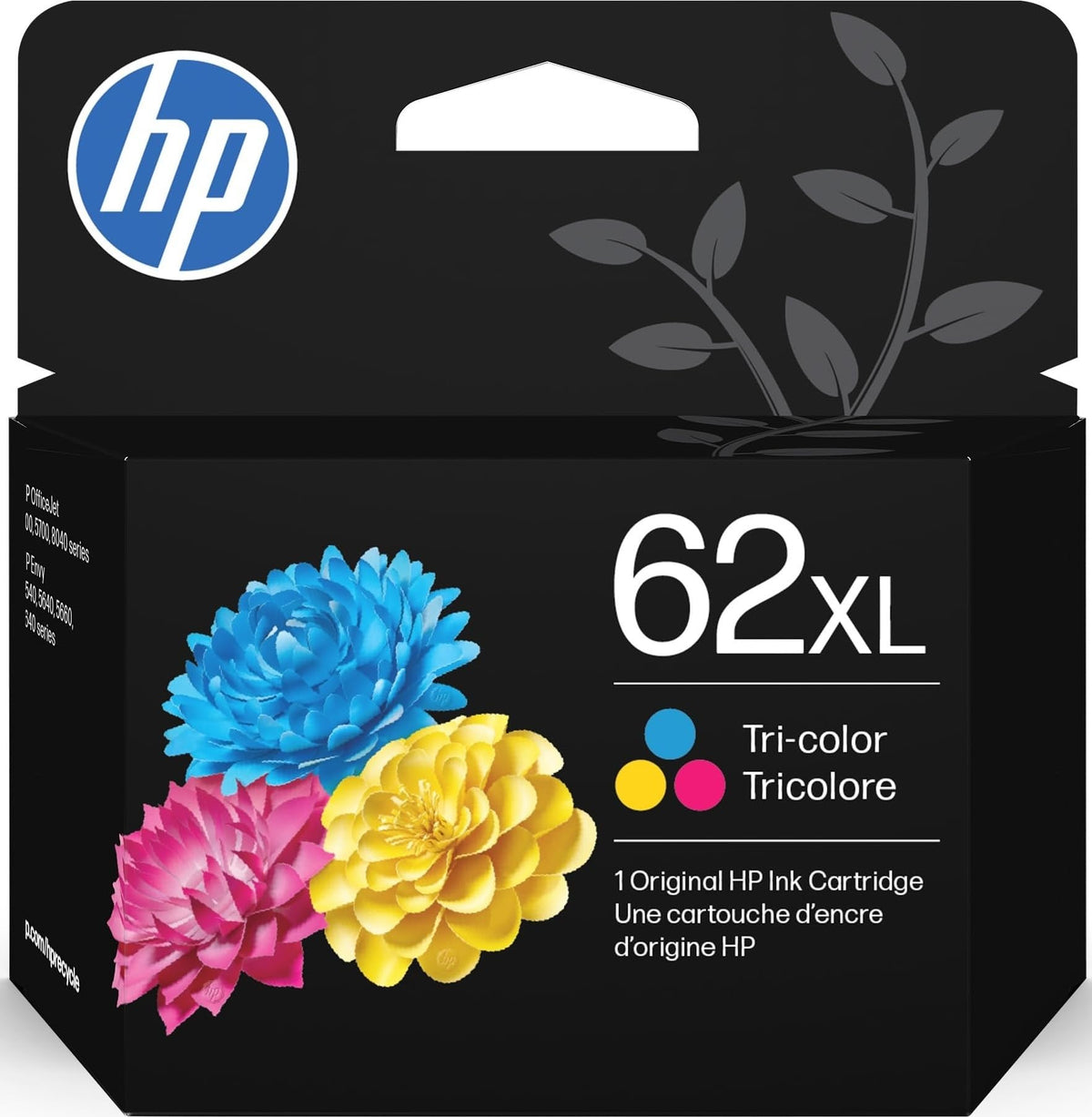 HP 62XL front packaging showing cartridge and model C2P07AN benefit consistent prints
