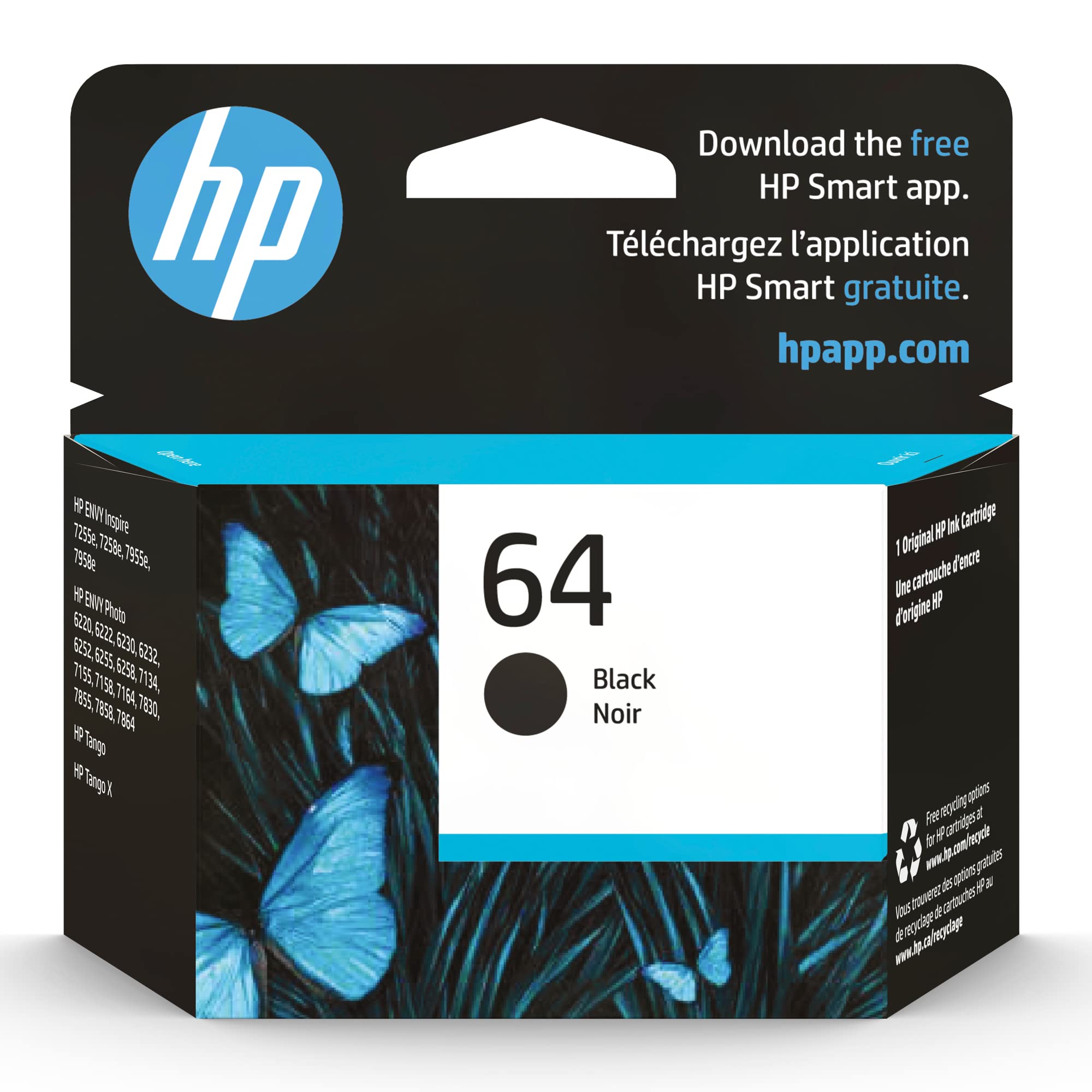 HP 64 front packaging showing cartridge and compatibility benefits
