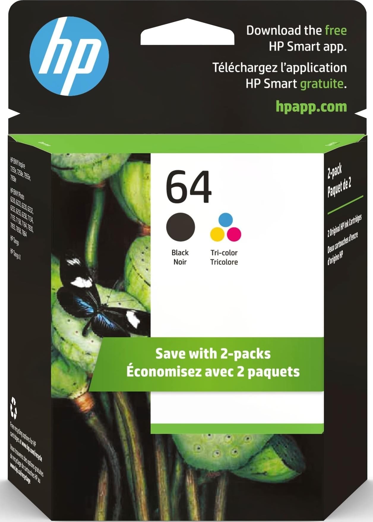 HP 64 front packaging showing combo pack and clear compatibility benefits