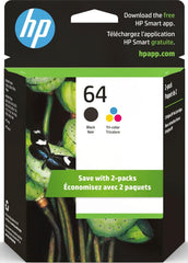 HP 64 front packaging showing combo pack and clear compatibility benefits