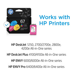 HP 67 cartridge installed in an HP printer demonstrating quick tool-free replacement