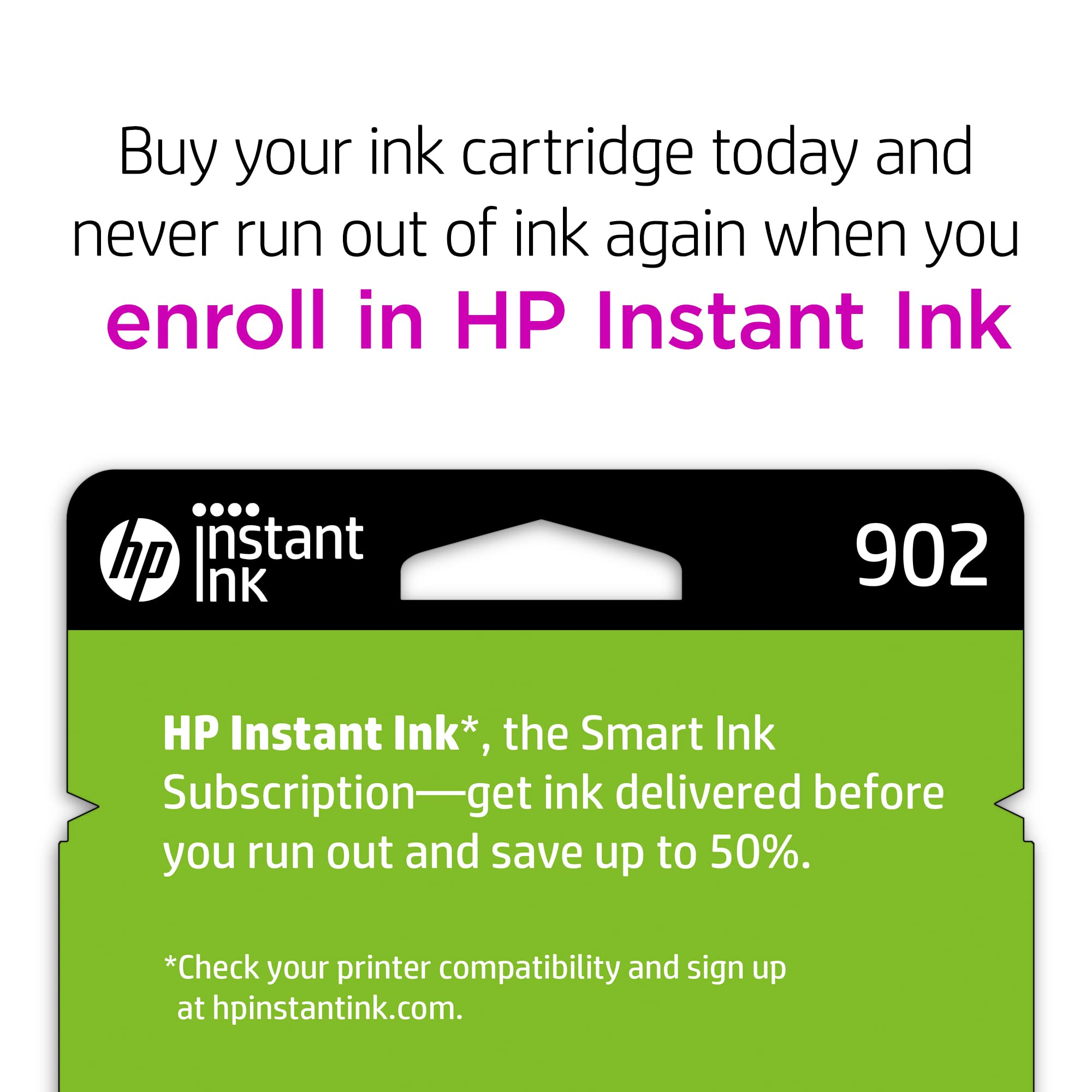 HP 902 magenta cartridge label detail showing compatibility and reassurance