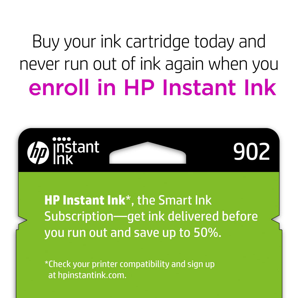 HP 902 magenta cartridge label detail showing compatibility and reassurance