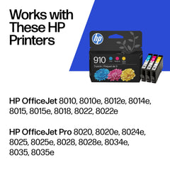 HP 910 cartridge close-up on nozzle and contacts, demonstrating reliable printer connection