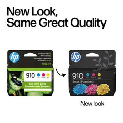 HP 910 packaging label highlighting cyan magenta yellow colors and compatibility benefits