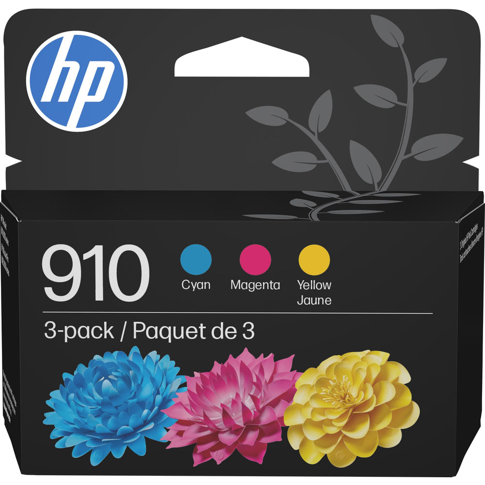 HP 910 pack front view showing tri-color cartridges and clear labeling, ensuring correct purchase