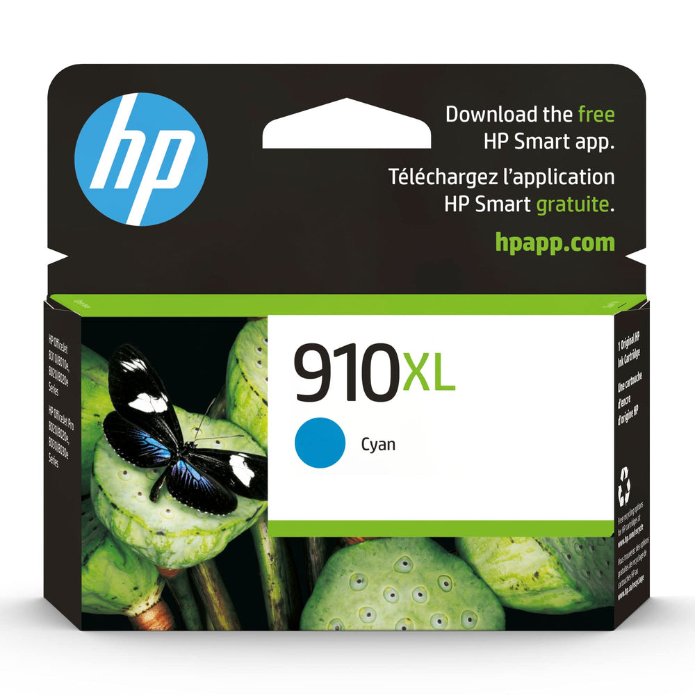 HP 910XL cyan front packaging showing product branding and clear benefit