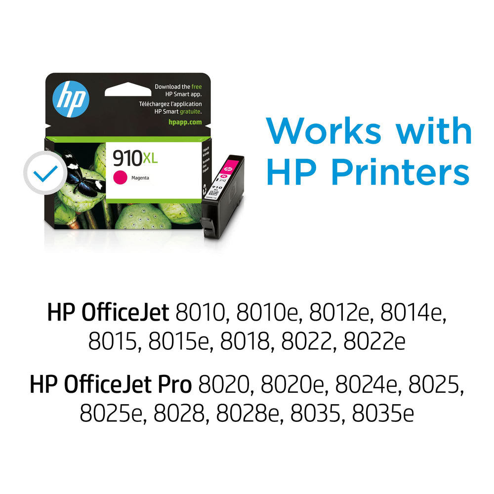 HP 910XL magenta side label close-up displaying compatibility and SKU