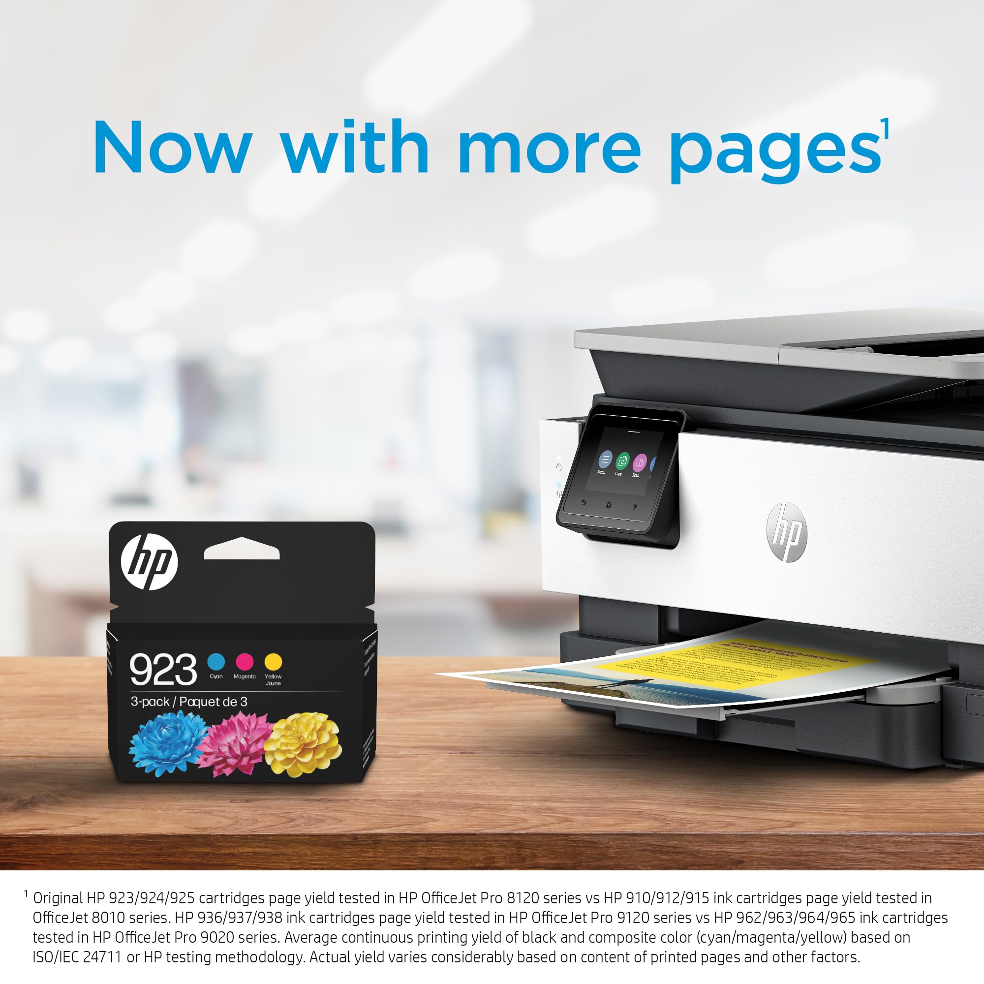 HP 923 printed color sample demonstrating vivid cyan magenta yellow output