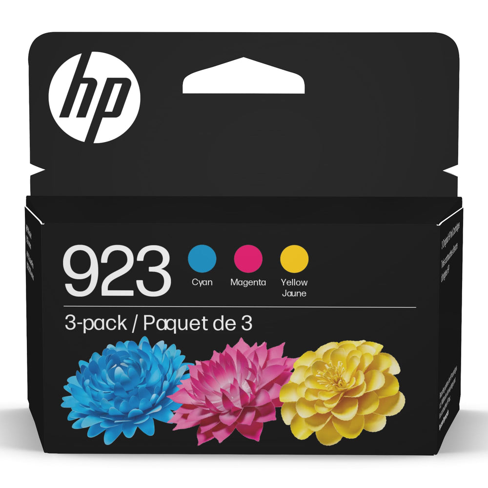 HP 923 front packaging showing three color cartridges and clear compatibility