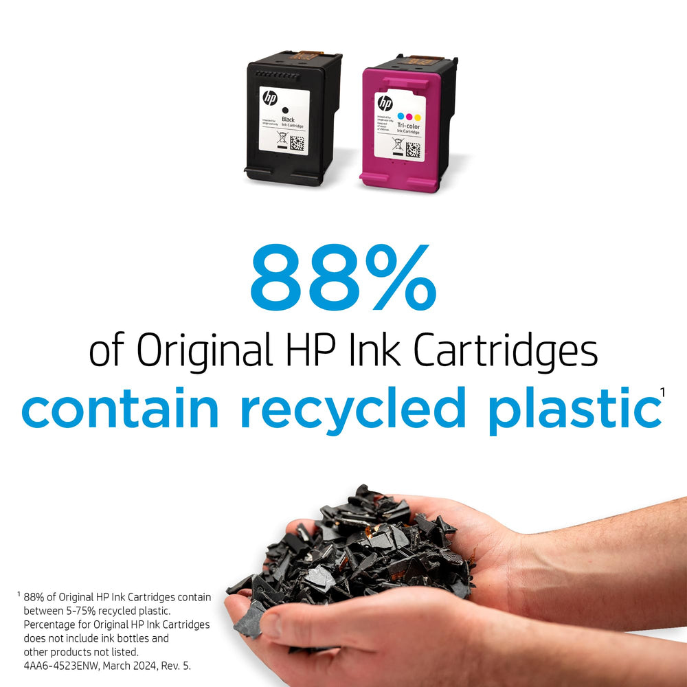 HP 923 sustainability mark showing recycled ocean-bound plastic and eco-friendly benefit