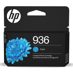 HP 936 cyan front packaging showing product and brand benefits