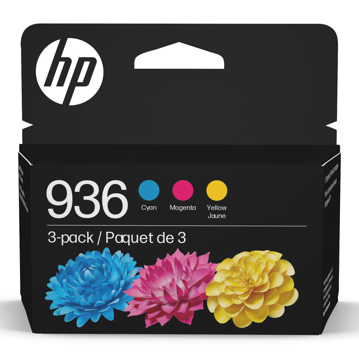 HP 936 front packaging showing three-color set and benefits