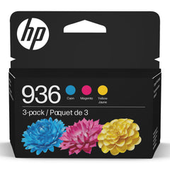 HP 936 front packaging showing three-color set and benefits