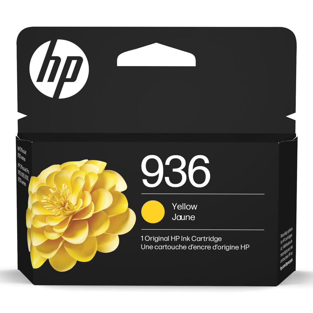 HP 936 yellow front packaging showing cartridge and branding for authentic prints