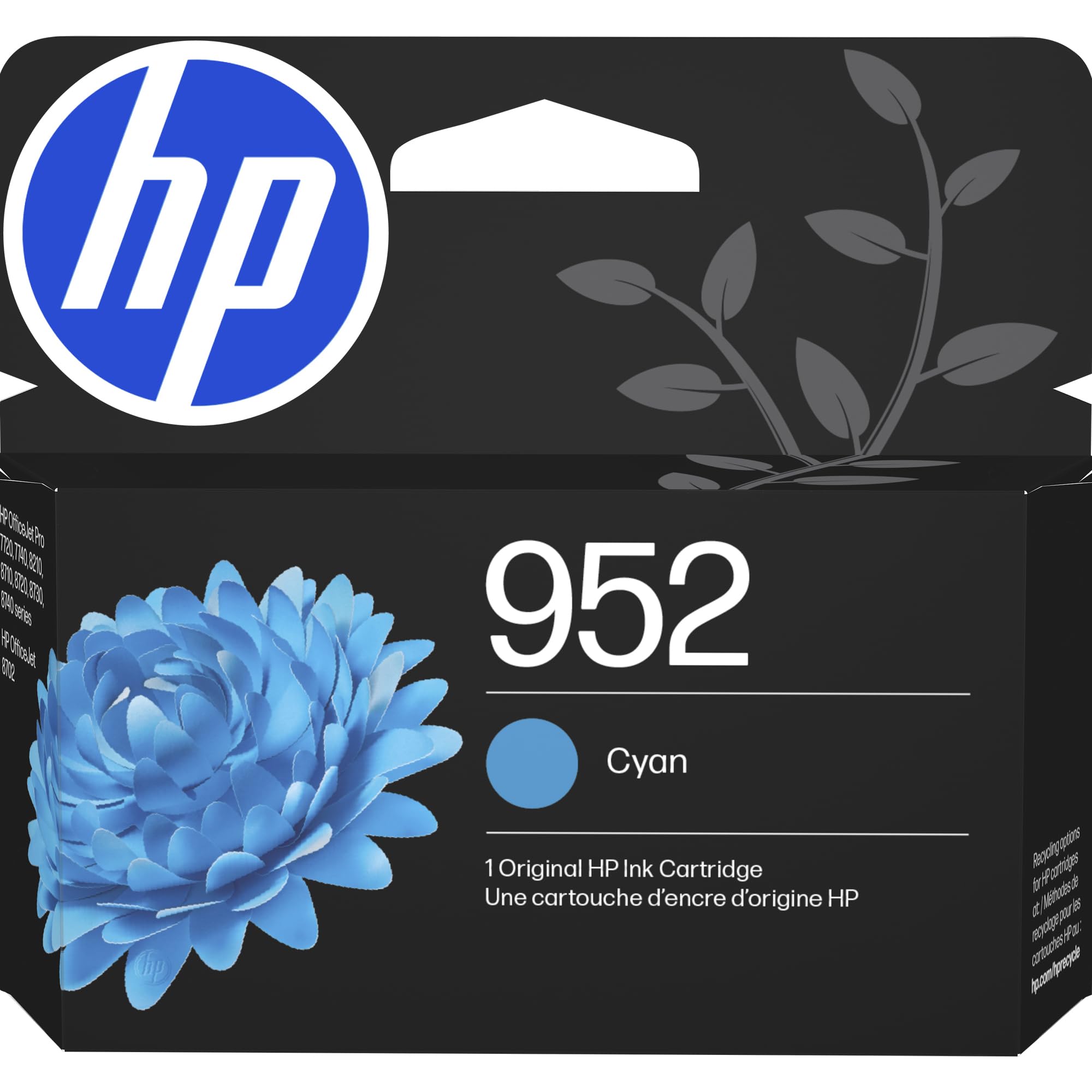 HP 952 cyan front packaging showing cartridge and model L0S49AN for accurate purchase
