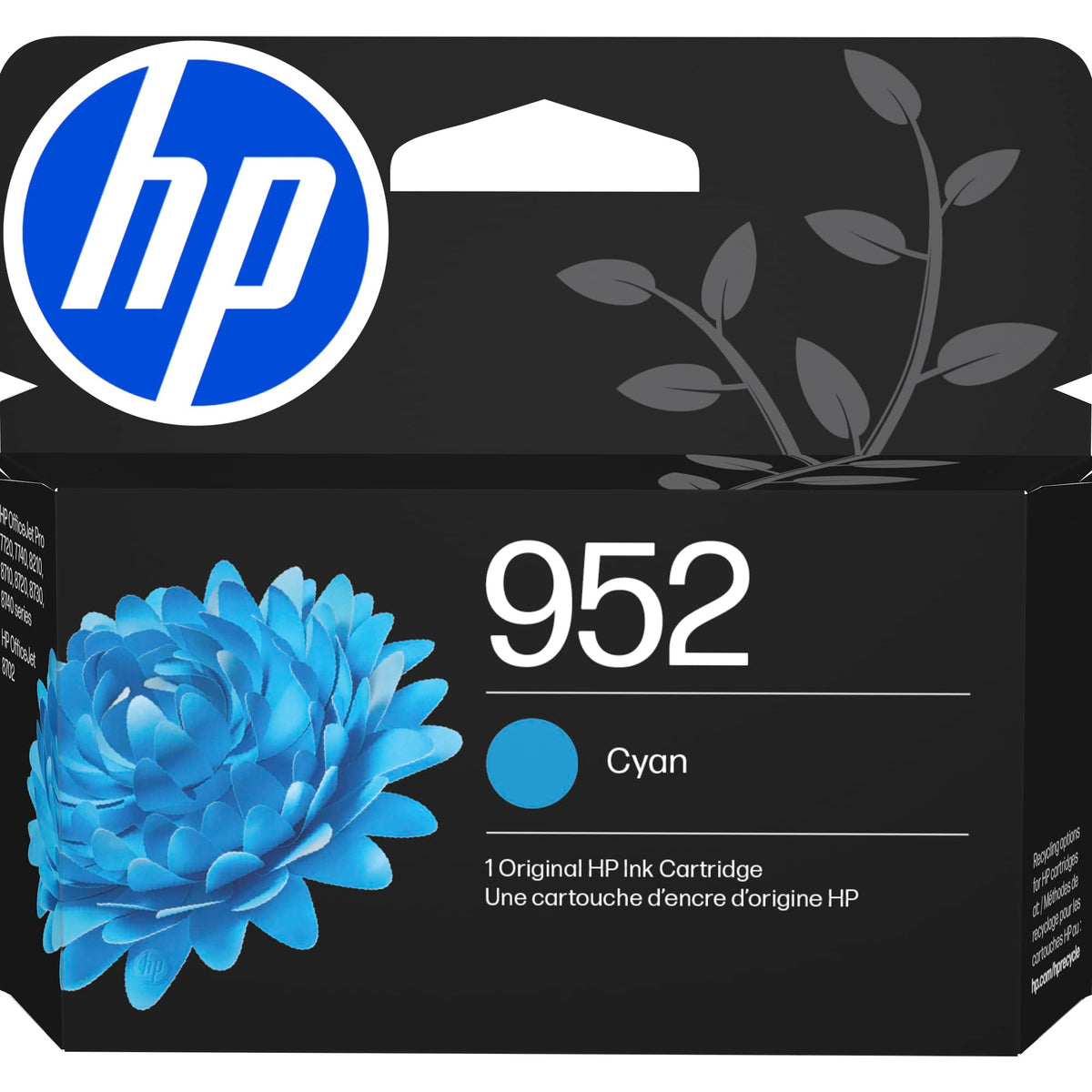 HP 952 cyan front packaging showing cartridge and model L0S49AN for accurate purchase