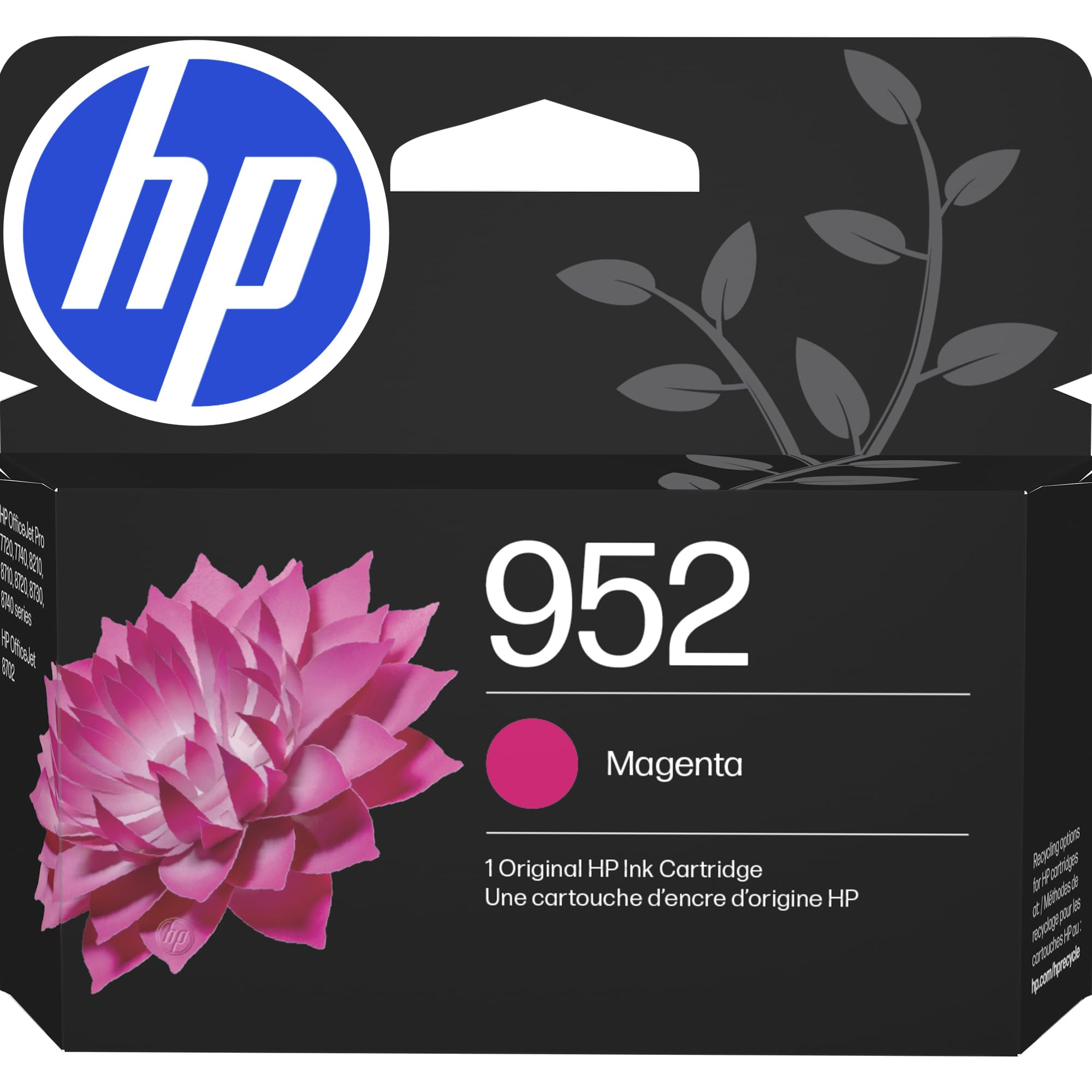 HP 952 magenta front packaging showing cartridge and branding, ensures correct purchase