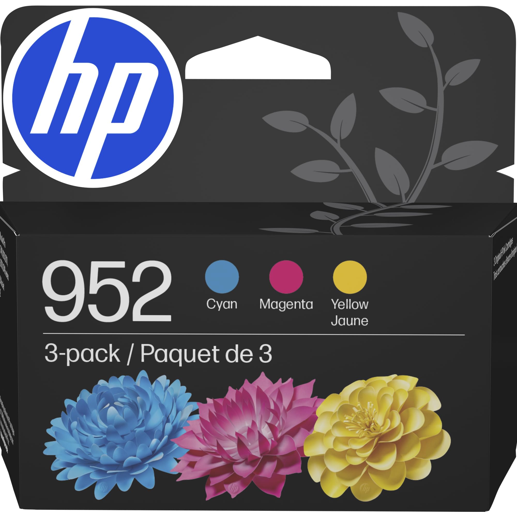 HP 952 three-pack front view showing cartridges and packaging for reliable color