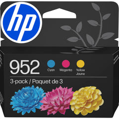 HP 952 three-pack front view showing cartridges and packaging for reliable color
