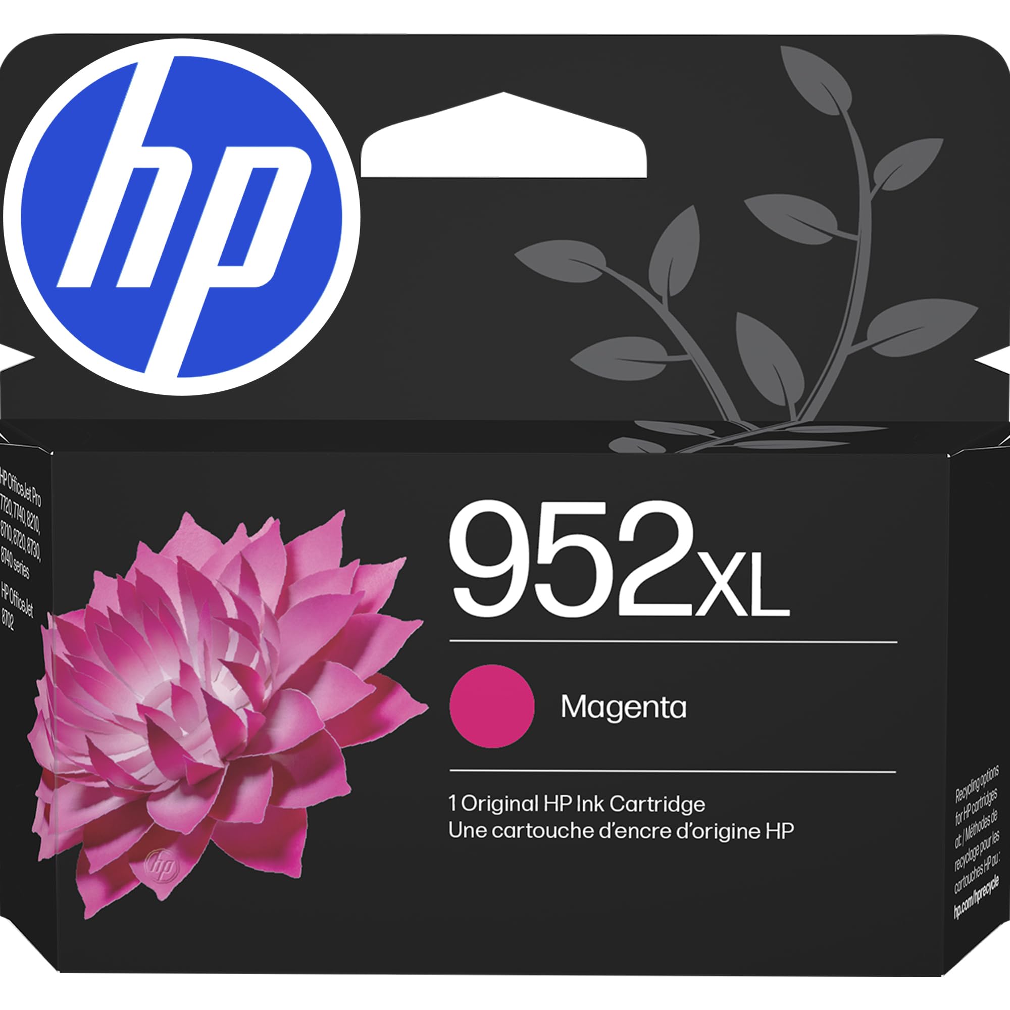 HP 952XL magenta front packaging showing model and benefit of reliable color