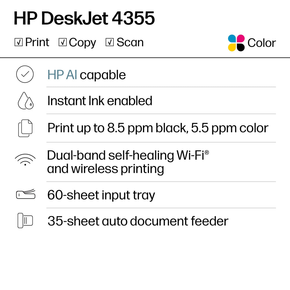 HP DeskJet 4355 control panel closeup highlighting icon LCD for easy operation