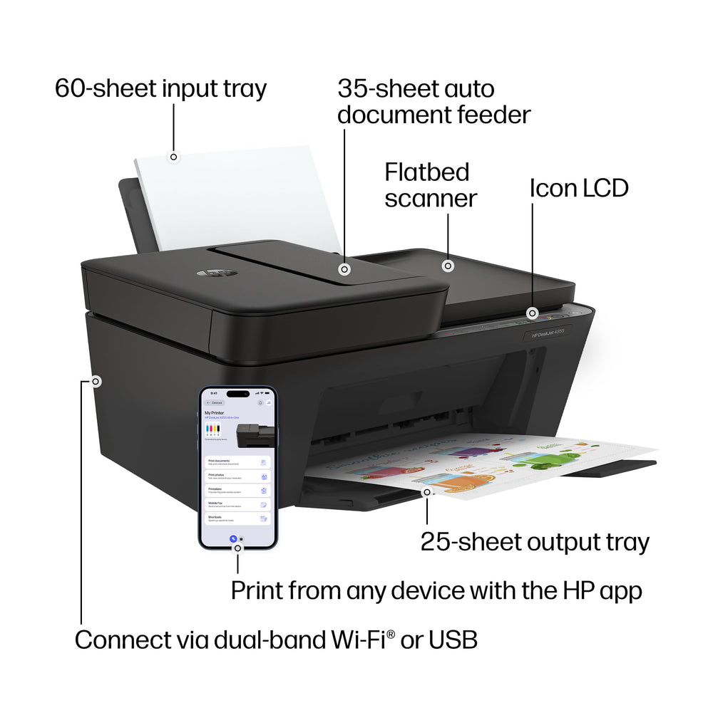 HP DeskJet 4355 printing a colorful brochure demonstrating quality color printing