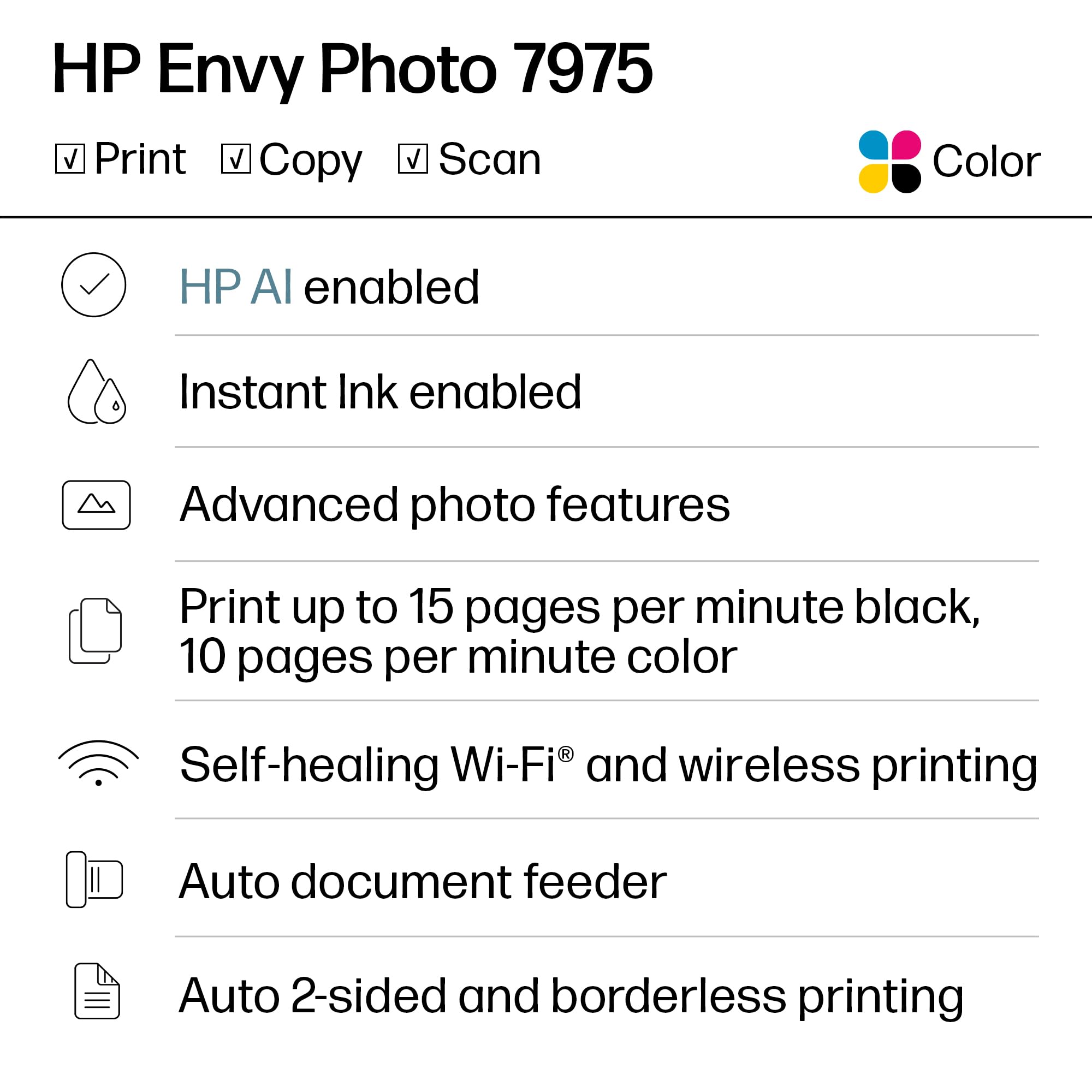HP Envy Photo 7975 color touchscreen displaying easy menu navigation