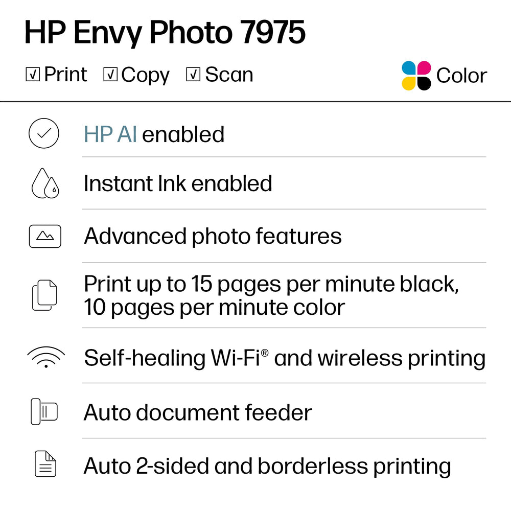HP Envy Photo 7975 color touchscreen displaying easy menu navigation