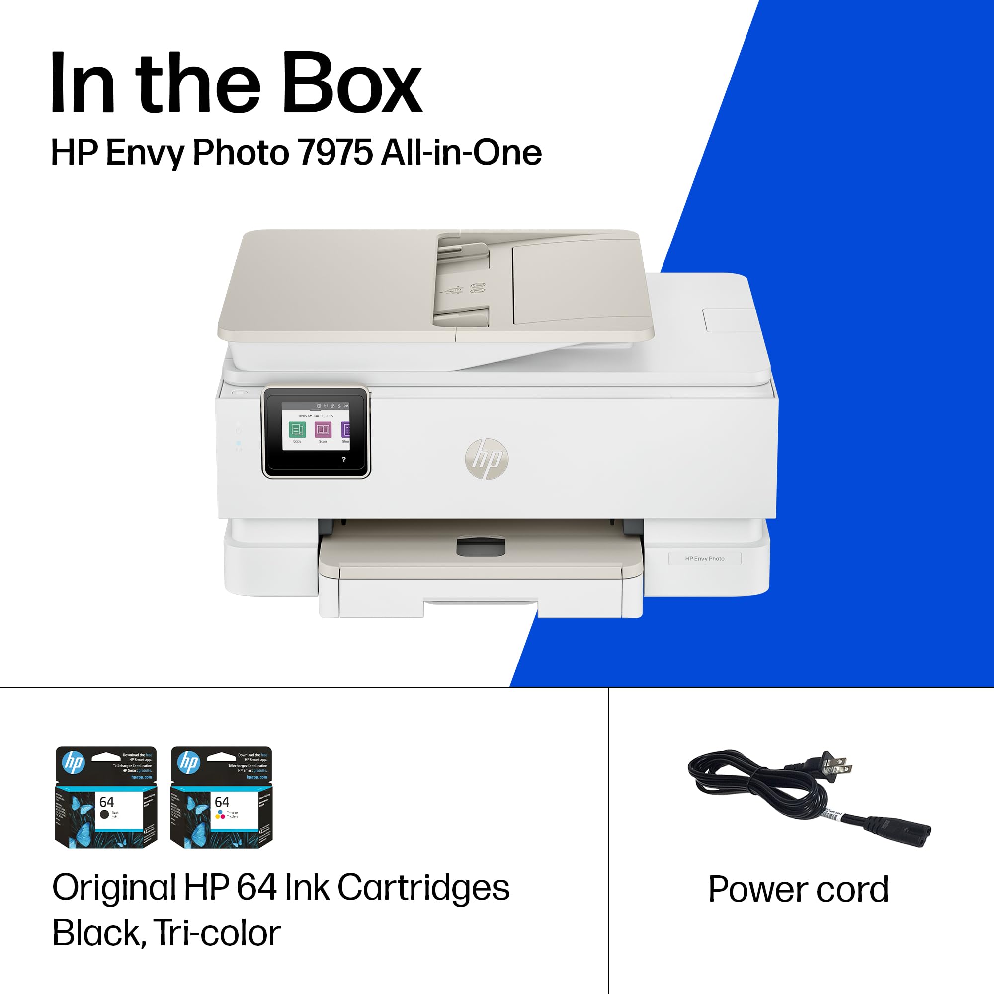 HP Envy Photo 7975 paper output tray with documents ready to pick up
