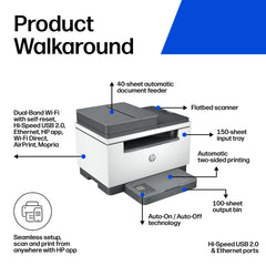 HP printed pages in output tray demonstrating two-sided printing speed and efficiency benefit