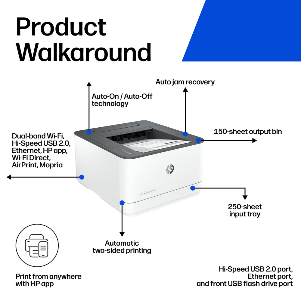 HP LaserJet Pro 3001dw output tray with freshly printed pages, demonstrating fast print speed
