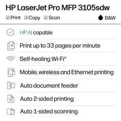 HP LaserJet Pro 3105sdw control panel close-up with touchscreen for fast setup