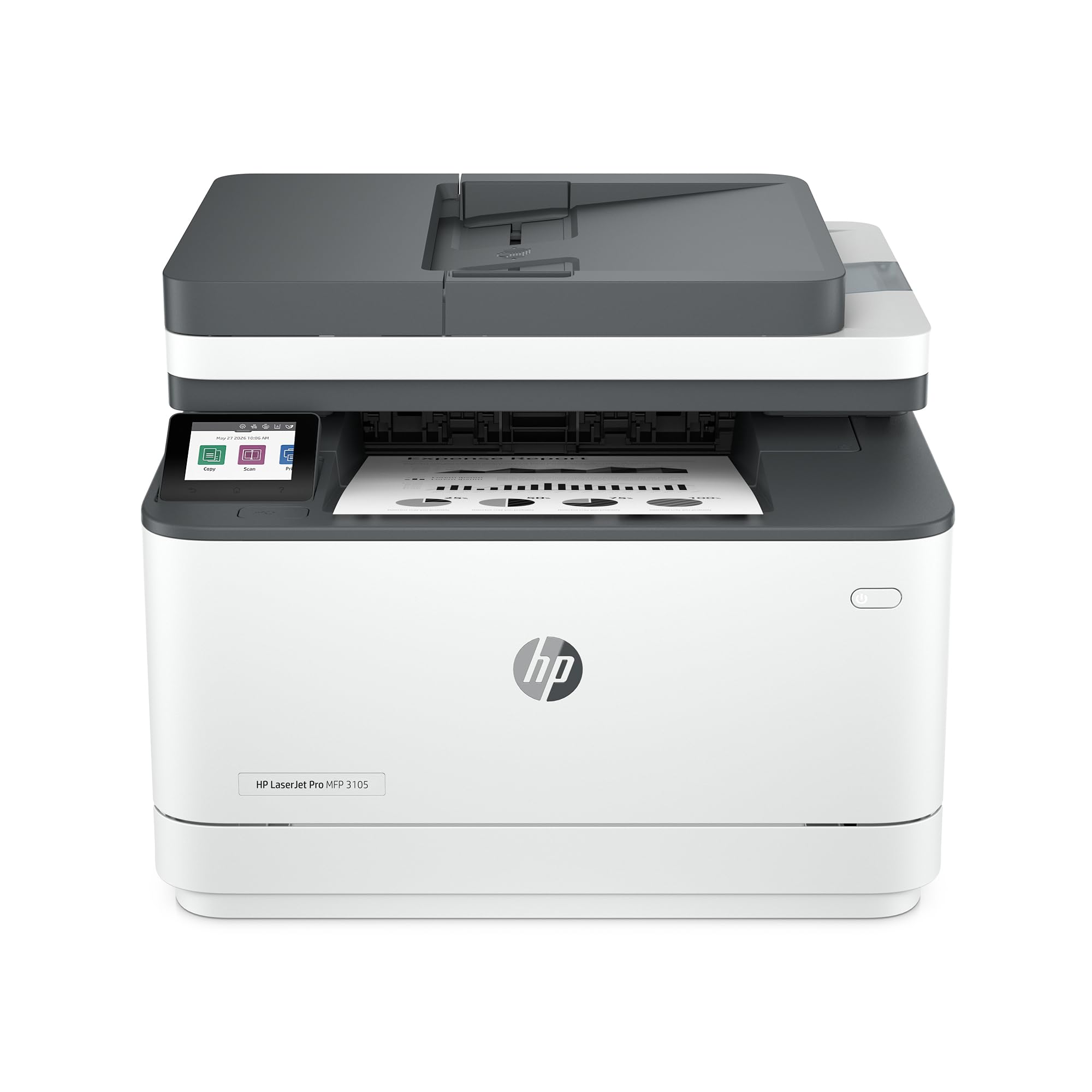 HP LaserJet Pro 3105sdw front view showing sleek compact design and reliable printing
