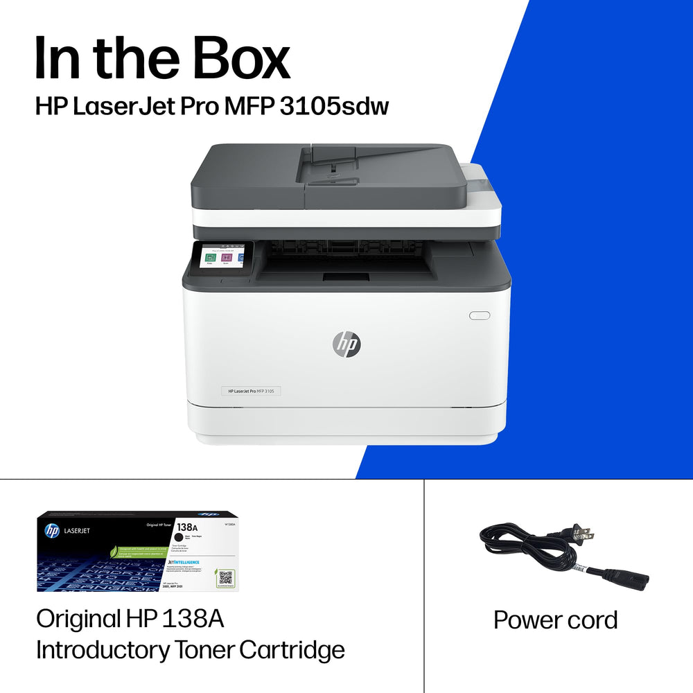 HP LaserJet Pro 3105sdw on office desk in small team setting demonstrating workflow fit