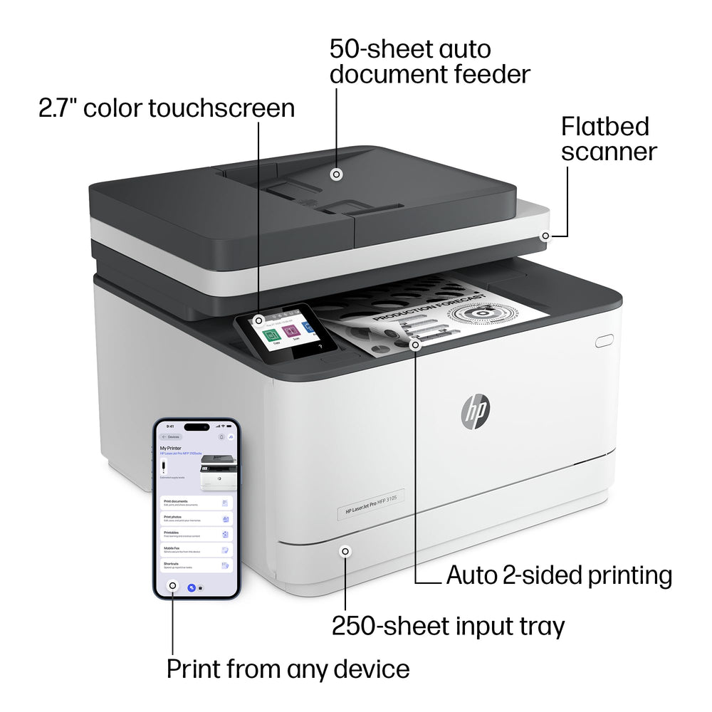 HP LaserJet Pro 3105sdw side paper tray closed showing tidy paper handling and capacity