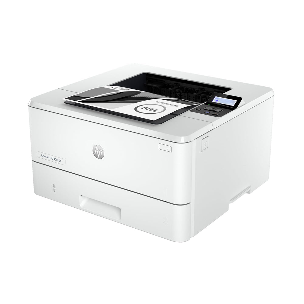 HP LaserJet Pro 4001dn front view showing clean design and fast monochrome printing benefit