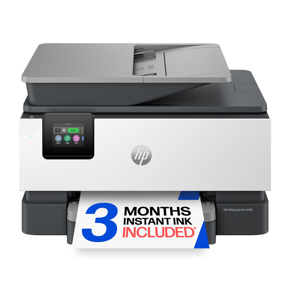 HP OfficeJet Pro 9125 front view showing compact office-ready design and fast printing