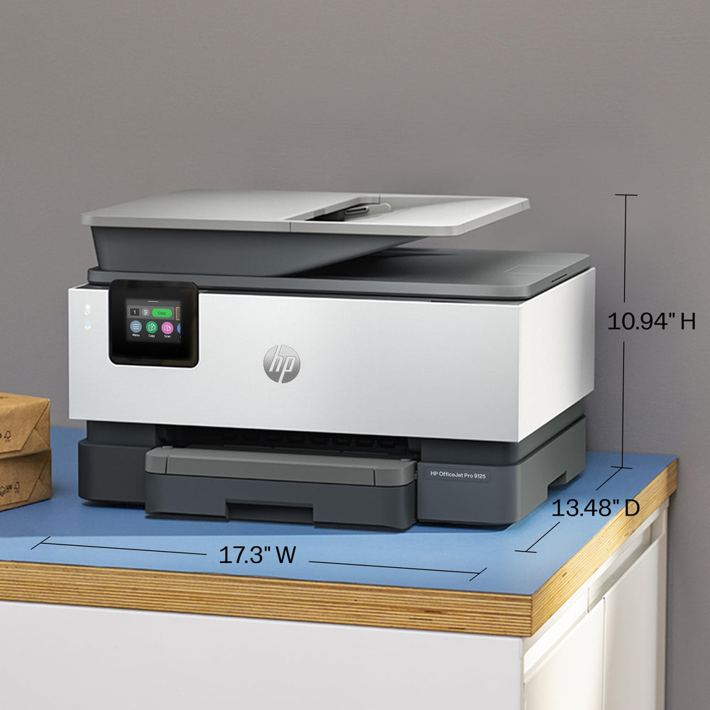 HP OfficeJet Pro 9125 paper tray and stack showing 250-sheet capacity for long runs