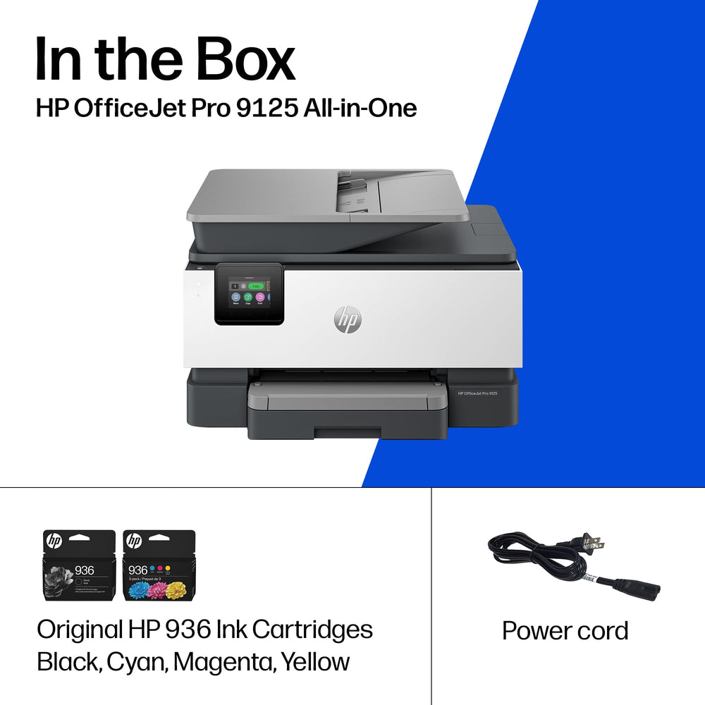 HP OfficeJet Pro 9125 recycled plastic badge emphasizing sustainable materials and reduced waste