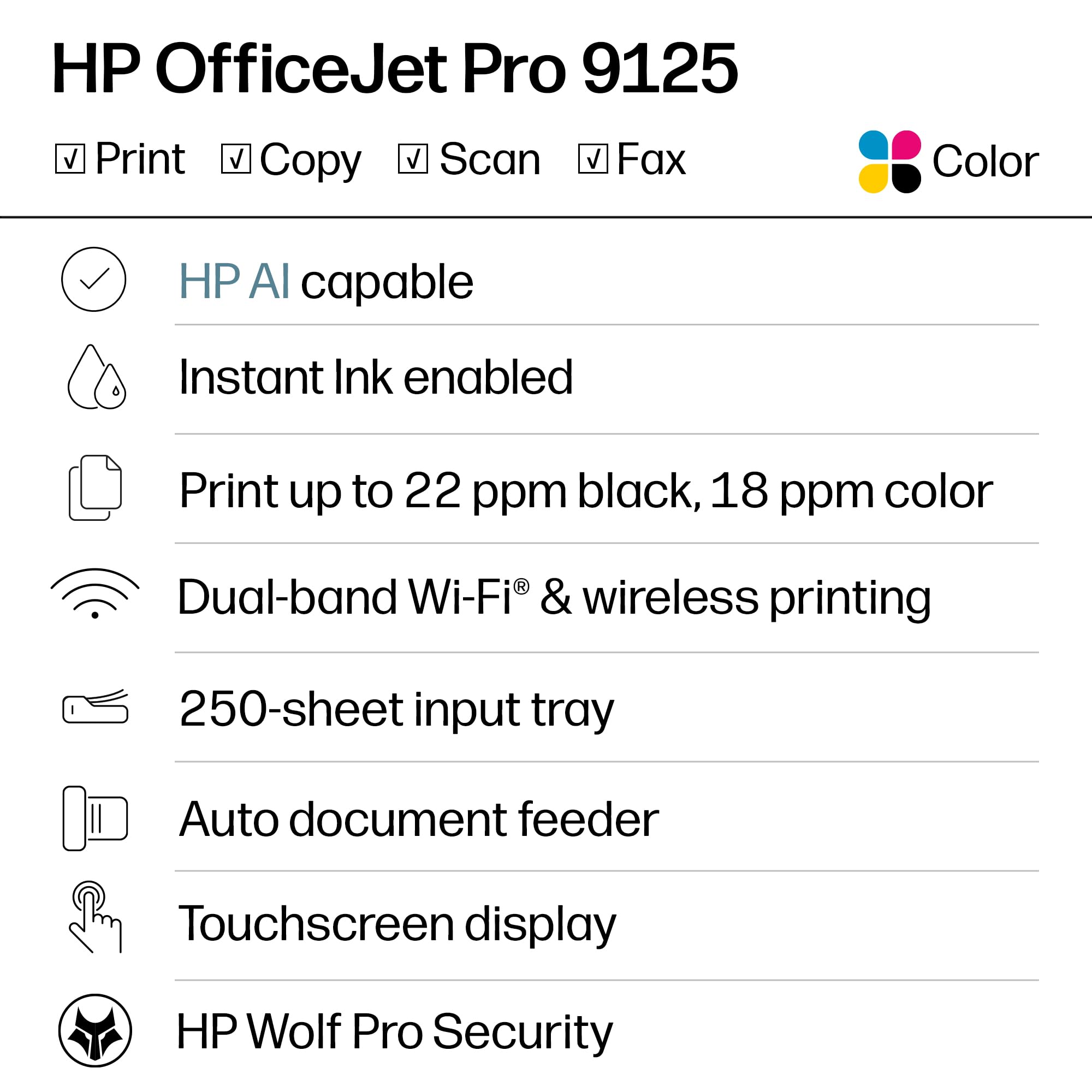 HP OfficeJet Pro 9125 touchscreen closeup with intuitive phone-like interface for easy control