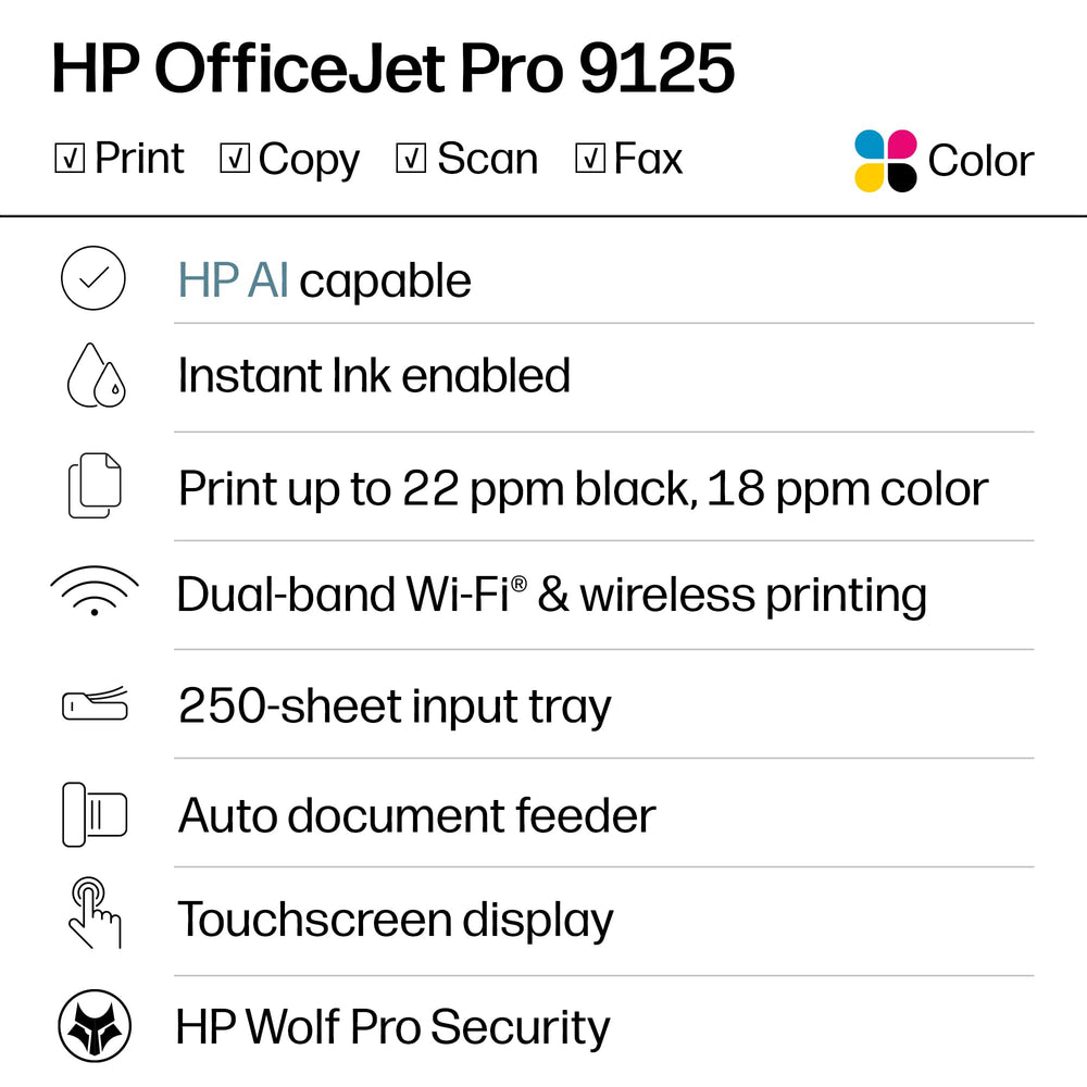 HP OfficeJet Pro 9125 touchscreen closeup with intuitive phone-like interface for easy control