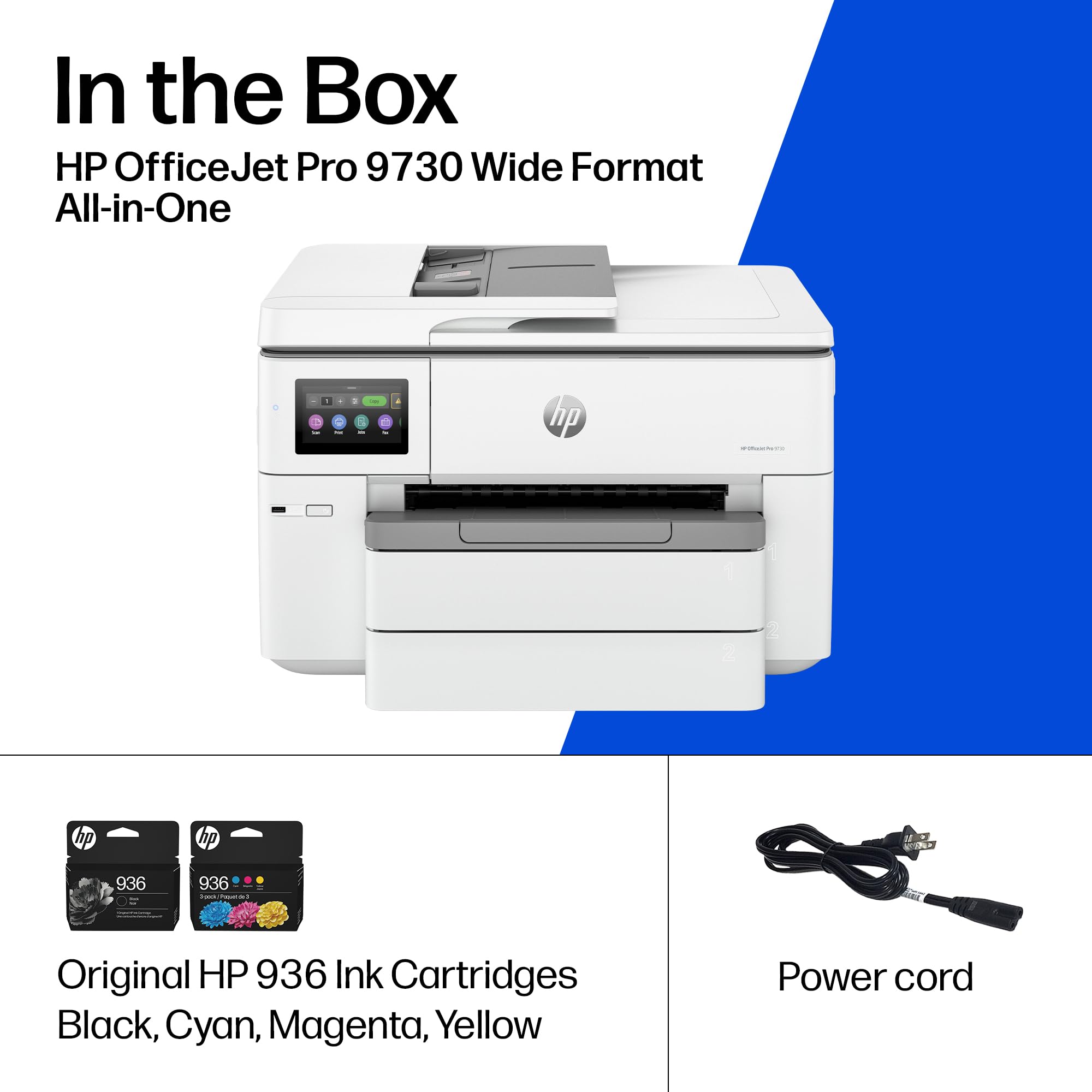 HP OfficeJet Pro 9730 ink cartridges installed illustrating easy replacement and consistent color