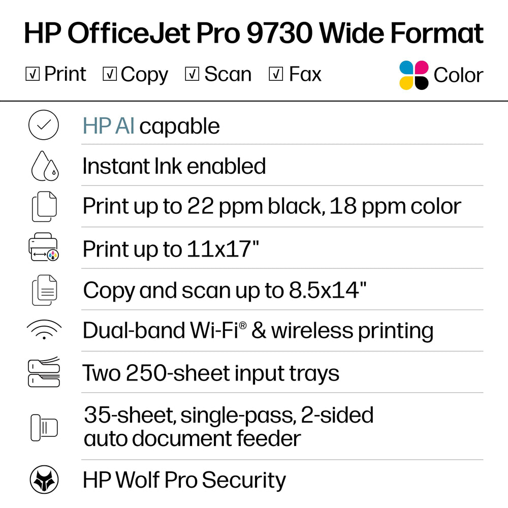 HP OfficeJet Pro 9730 4.3-inch touchscreen display for fast, phone-like control and navigation