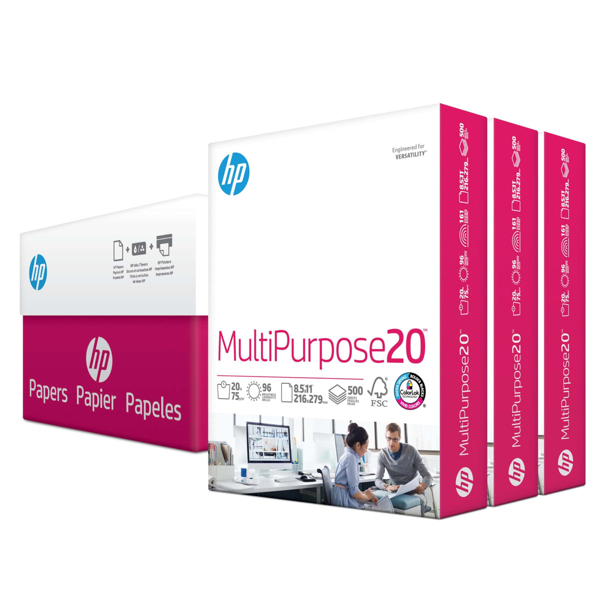 HP Papers front packaging showing three reams and product benefits for reliable supply