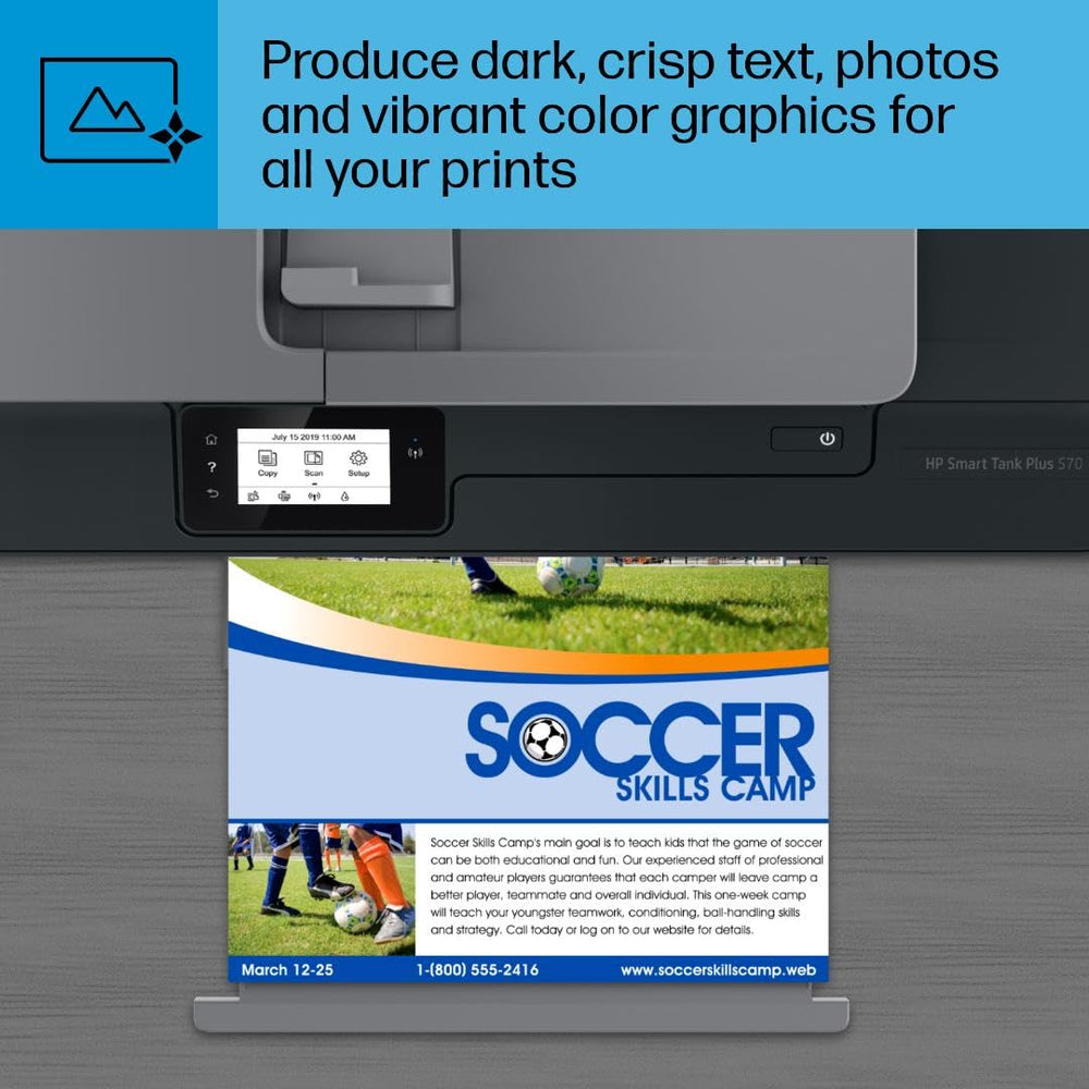 HP Smart Tank Plus 570 producing a borderless photo demonstrating photo printing versatility