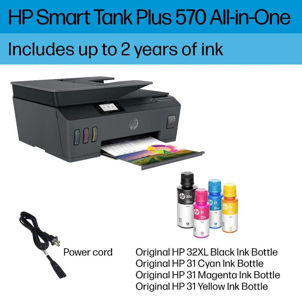HP Smart Tank Plus 570 flatbed scanner open showing copying and scanning convenience at home